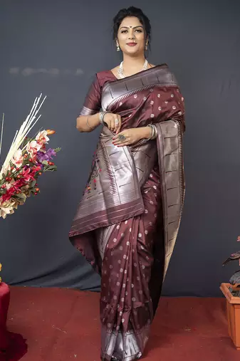 Coffee brown silk blend saree with silver zari booti & traditional floral pallu