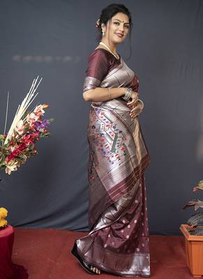 Coffee brown silk blend saree with silver zari booti & traditional floral pallu 3