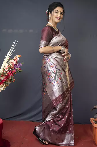 Coffee brown silk blend saree with silver zari booti & traditional floral pallu