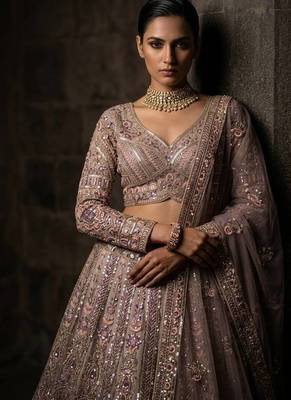 onion pink Embroidery Sequins Net Lehenga Choli Set 1
