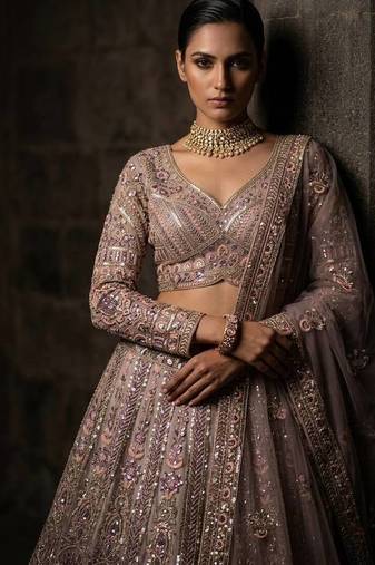 onion pink Embroidery Sequins Net Lehenga Choli Set