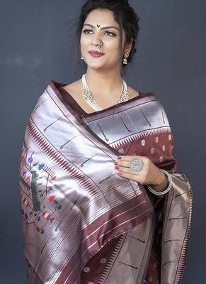 Coffee brown silk blend saree with silver zari booti & traditional floral pallu 4