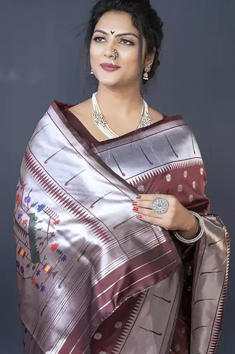 Coffee brown silk blend saree with silver zari booti & traditional floral pallu