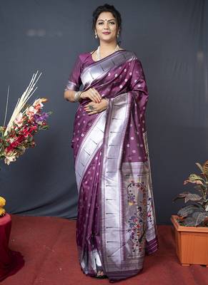 Wine silk blend saree with silver zari booti & traditional floral pallu 1