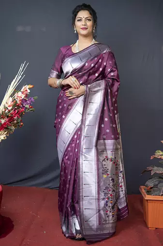 Wine silk blend saree with silver zari booti & traditional floral pallu