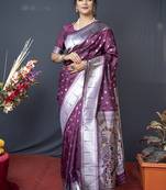 Wine silk blend saree with silver zari booti & traditional floral pallu