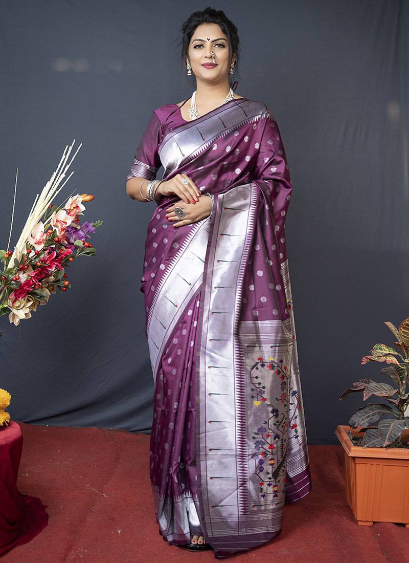 Wine silk blend saree with silver zari booti & traditional floral pallu
