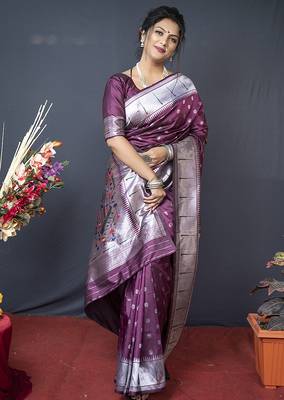 Wine silk blend saree with silver zari booti & traditional floral pallu 2