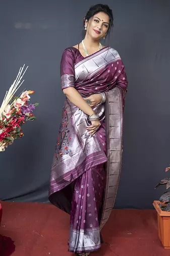 Wine silk blend saree with silver zari booti & traditional floral pallu