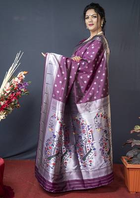 Wine silk blend saree with silver zari booti & traditional floral pallu 3