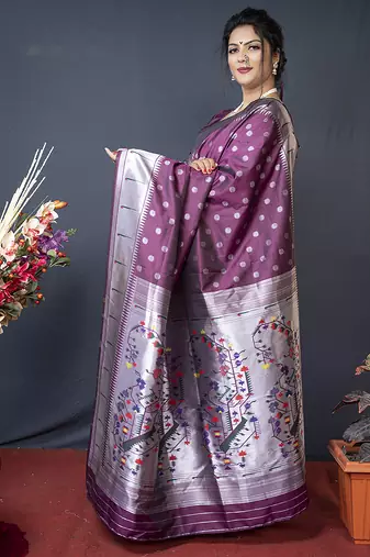 Wine silk blend saree with silver zari booti & traditional floral pallu
