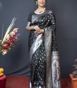 Black silk blend saree with silver zari booti & traditional floral pallu