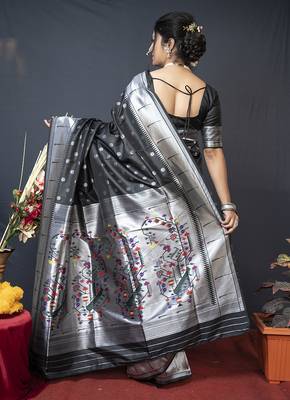 Black silk blend saree with silver zari booti & traditional floral pallu 2