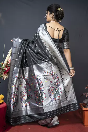 Black silk blend saree with silver zari booti & traditional floral pallu