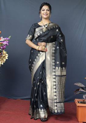 Black banarasi silk blend saree with silver zari border & woven pallu 1