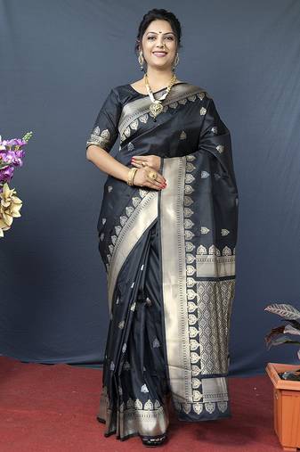 Black banarasi silk blend saree with silver zari border & woven pallu
