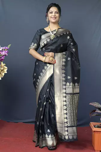Black banarasi silk blend saree with silver zari border & woven pallu