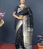 Black banarasi silk blend saree with silver zari border & woven pallu
