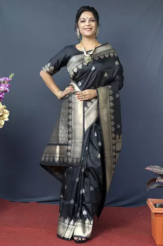 Black banarasi silk blend saree with silver zari border & woven pallu