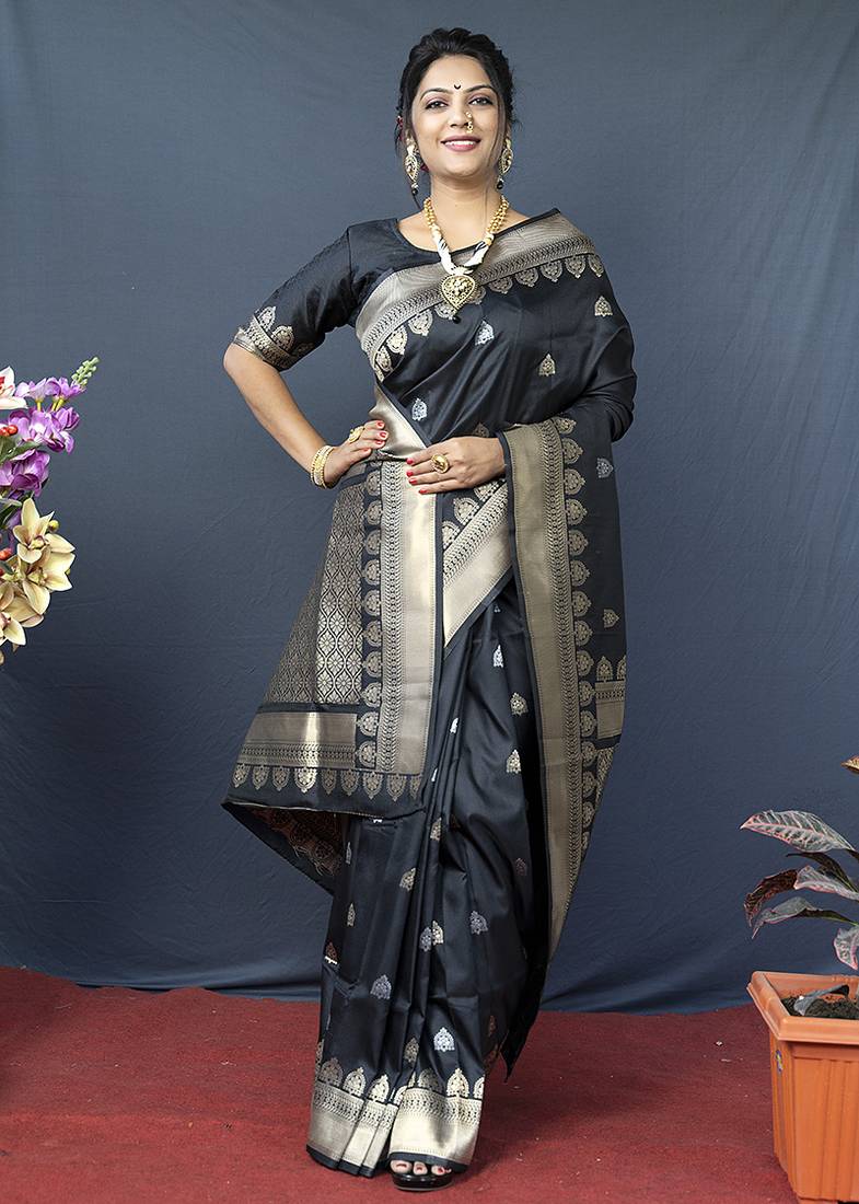 Black banarasi silk blend saree with silver zari border & woven pallu