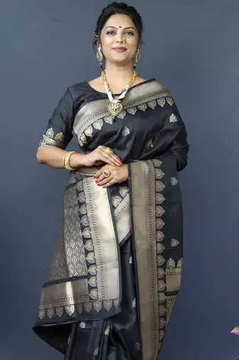 Black banarasi silk blend saree with silver zari border & woven pallu
