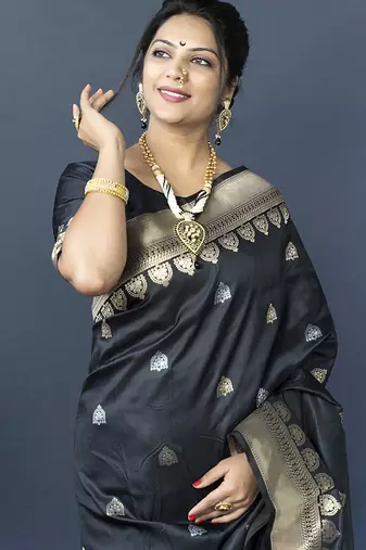 Black banarasi silk blend saree with silver zari border & woven pallu
