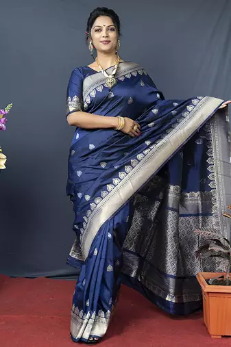 Navy blue banarasi silk blend saree with silver zari border & woven pallu
