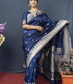 Navy blue banarasi silk blend saree with silver zari border & woven pallu