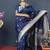 Navy blue banarasi silk blend saree with silver zari border & woven pallu