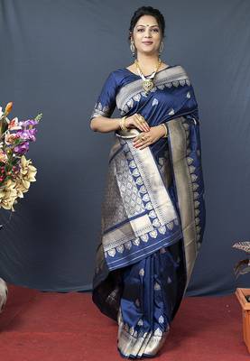 Navy blue banarasi silk blend saree with silver zari border & woven pallu 2