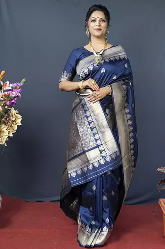Navy blue banarasi silk blend saree with silver zari border & woven pallu