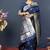Navy blue banarasi silk blend saree with silver zari border & woven pallu