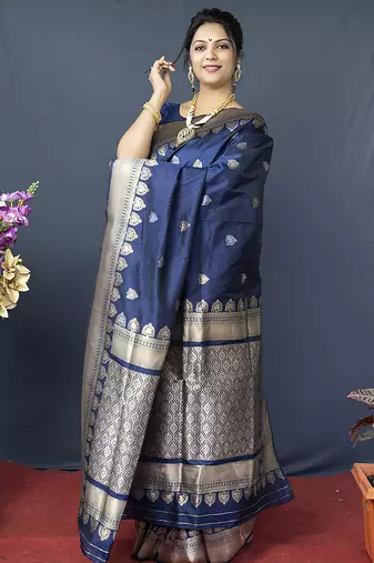 Navy blue banarasi silk blend saree with silver zari border & woven pallu