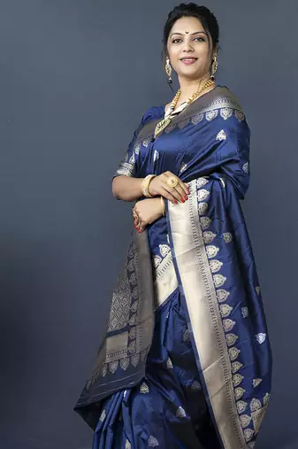 Navy blue banarasi silk blend saree with silver zari border & woven pallu