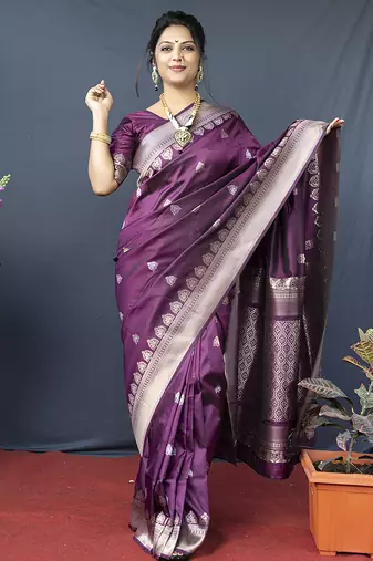 Wine purple banarasi silk blend saree with silver zari border & woven pallu