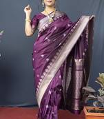 Wine purple banarasi silk blend saree with silver zari border & woven pallu