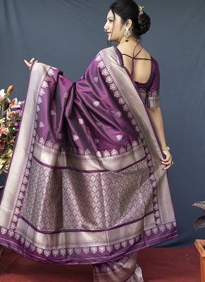 Wine purple banarasi silk blend saree with silver zari border & woven pallu 2