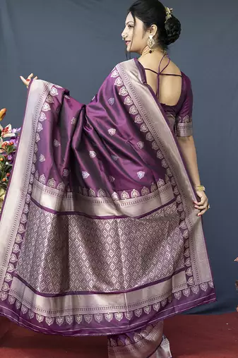 Wine purple banarasi silk blend saree with silver zari border & woven pallu