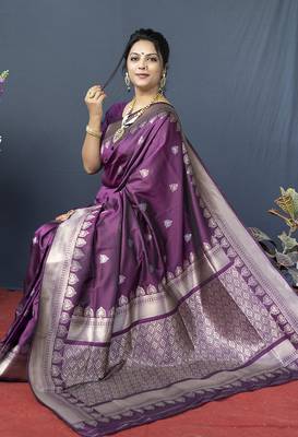 Wine purple banarasi silk blend saree with silver zari border & woven pallu 3