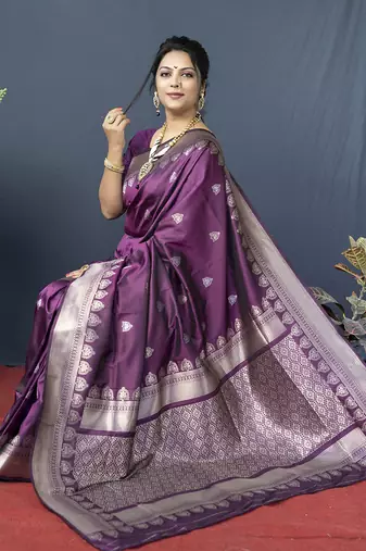 Wine purple banarasi silk blend saree with silver zari border & woven pallu