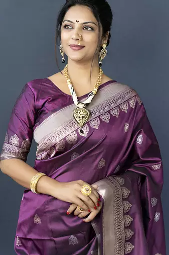 Wine purple banarasi silk blend saree with silver zari border & woven pallu