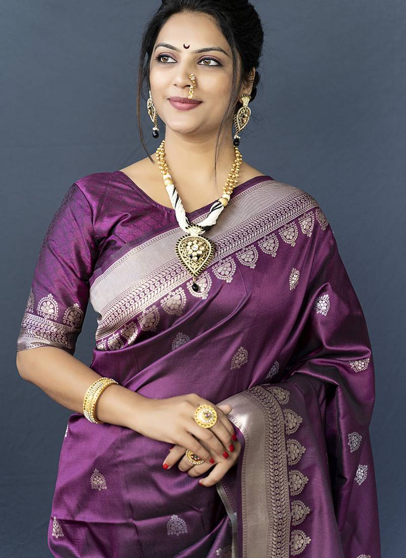 Wine purple banarasi silk blend saree with silver zari border & woven pallu