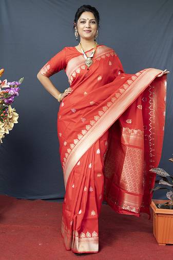 Red banarasi silk blend saree with silver zari border & woven pallu