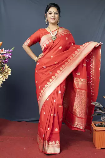 Red banarasi silk blend saree with silver zari border & woven pallu