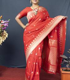 Red banarasi silk blend saree with silver zari border & woven pallu