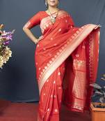 Red banarasi silk blend saree with silver zari border & woven pallu
