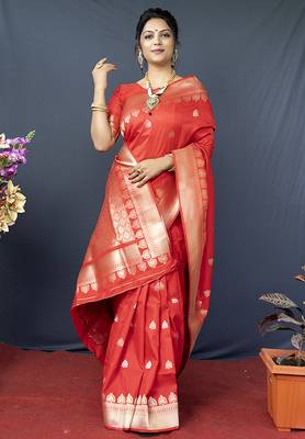 Red banarasi silk blend saree with silver zari border & woven pallu 3