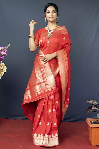 Red banarasi silk blend saree with silver zari border & woven pallu
