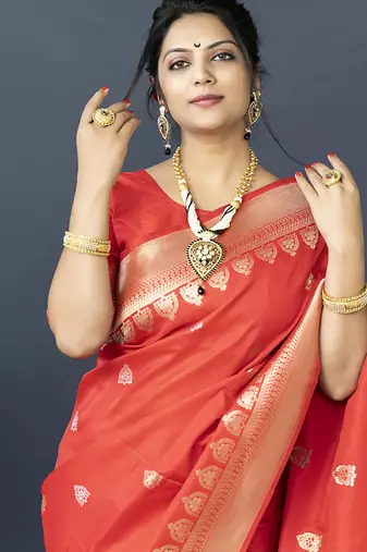 Red banarasi silk blend saree with silver zari border & woven pallu