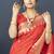 Red banarasi silk blend saree with silver zari border & woven pallu